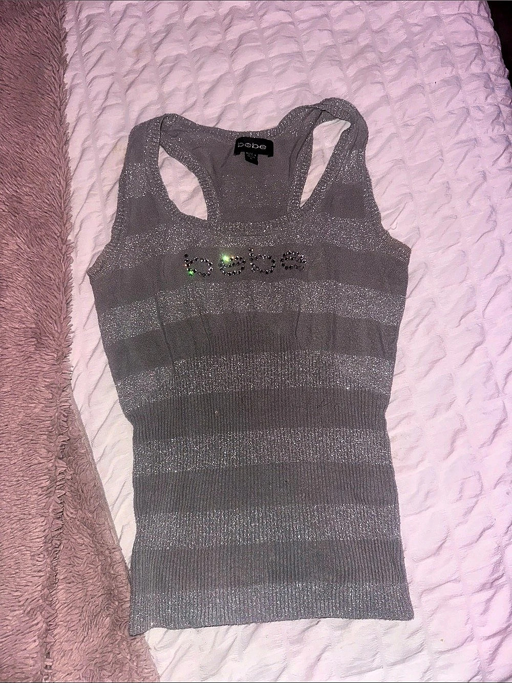 bebe Striped Sparkle Tank Top in Gray Like New